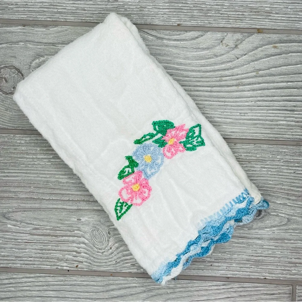 8 vintage hand made baby burp clothes / wash cloths embroidered / crochet / sewn